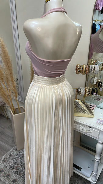 ISABELLE PLEATED SATIN MIDI- CREAM