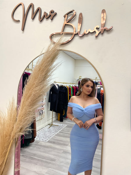 THE AMOUR RUCHED MIDI- BLUE