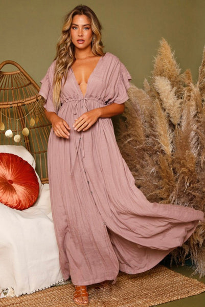 GIANNA DEEP V  MAXI DRESS- DUSTY MAUVE