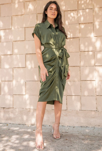LESLIE WAIST TIE MIDI- OLIVE